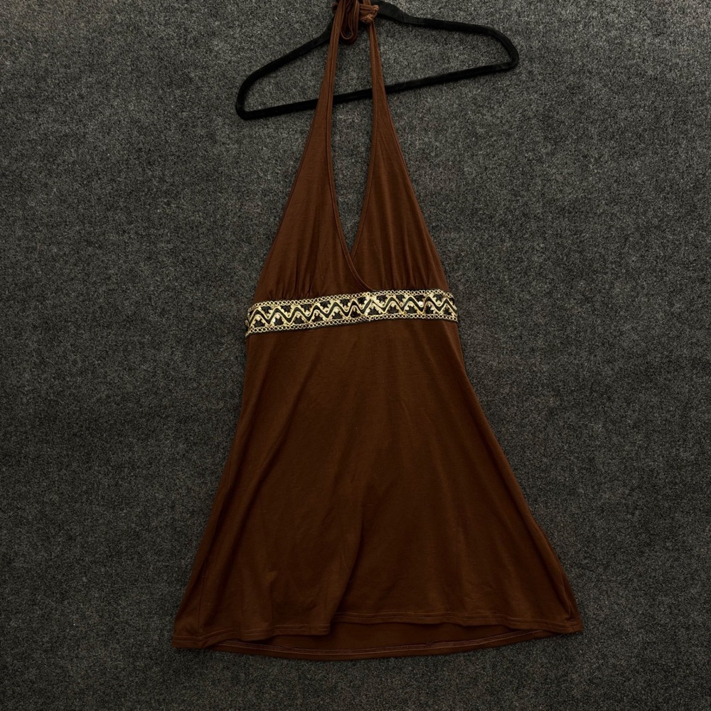 Vintage Brown Halter Top Gold Sequin Embroidered Empire Waist Open Back Boho